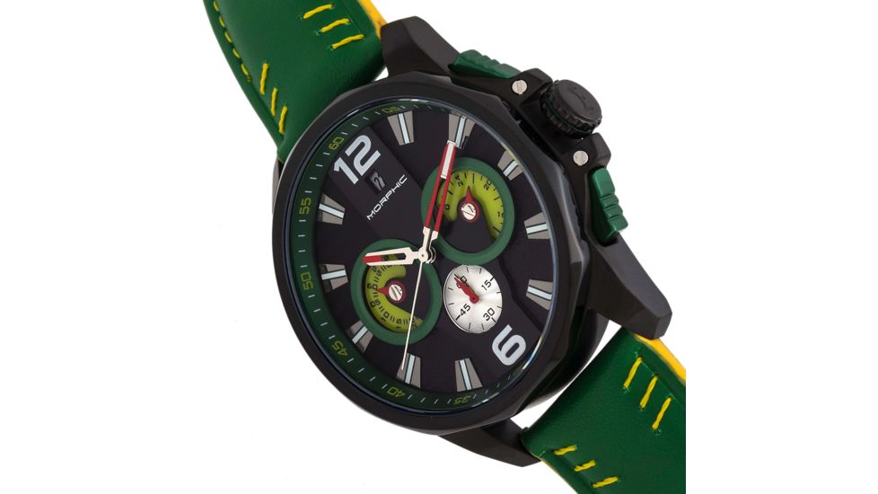 Morphic M82 Series Chronograph Leather-Band Watch w/Date, Black/Green, One Size, MPH8206