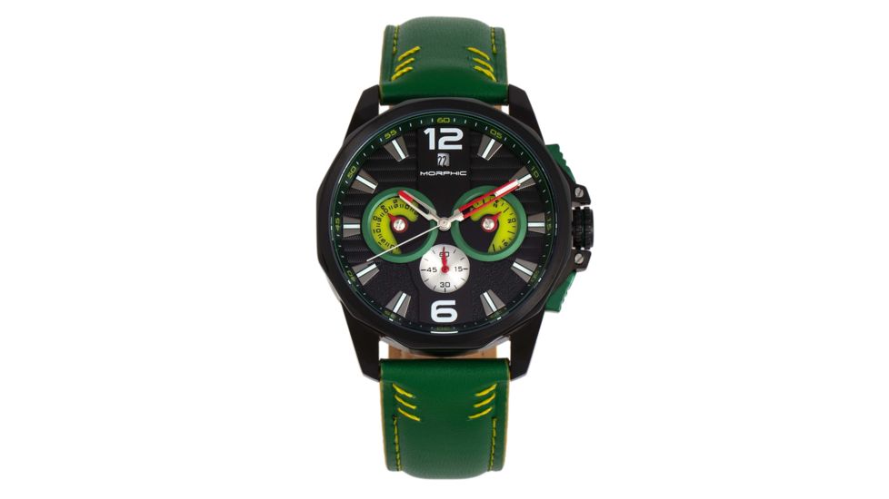Morphic M82 Series Chronograph Leather-Band Watch w/Date, Black/Green, One Size, MPH8206