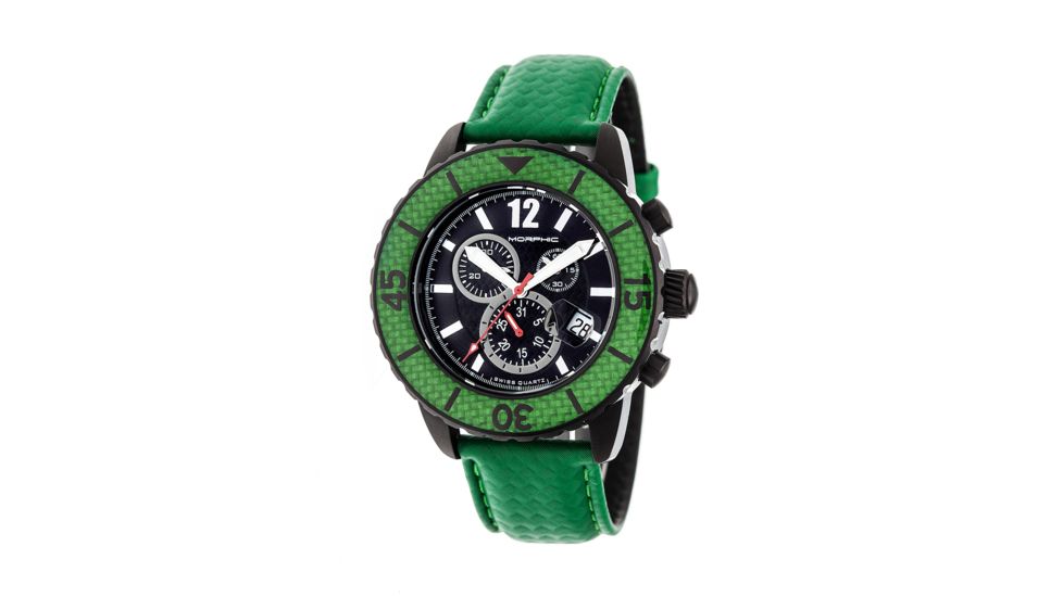 Morphic M51 Series Chronograph Leather-Band Watch w/Date, Green, MPH5105