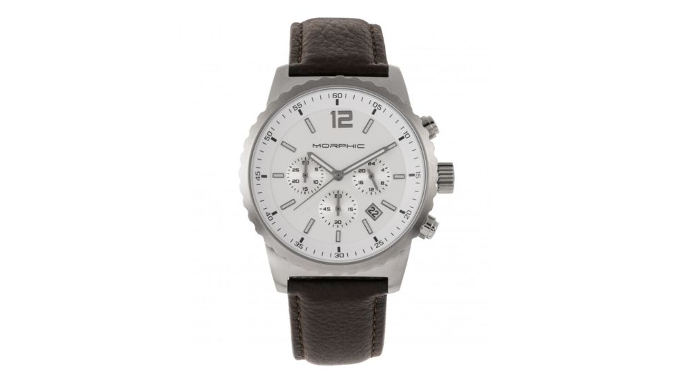 Morphic M67 Series Chronograph Leather-Band Watch w/Date, Silver/Brown, MPH6702