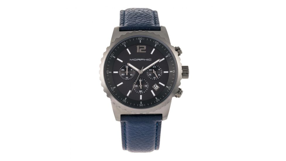 Morphic M67 Series Chronograph Leather-Band Watch w/Date, Gunmetal/Blue, MPH6706
