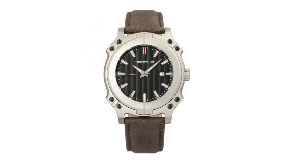 Morphic M68 Series Leather-Band Watch w/ Date, Silver/Grey, MPH6802