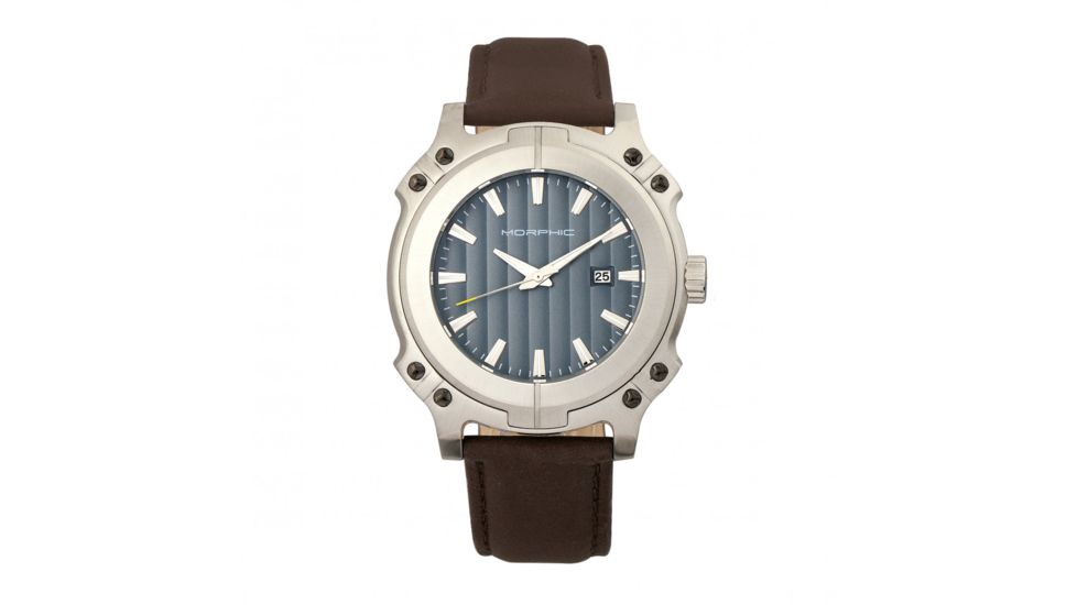 Morphic M68 Series Leather-Band Watch w/ Date, Silver/Brown, MPH6803