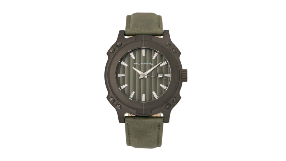 Morphic M68 Series Leather-Band Watch w/ Date, Black/Olive, MPH6806