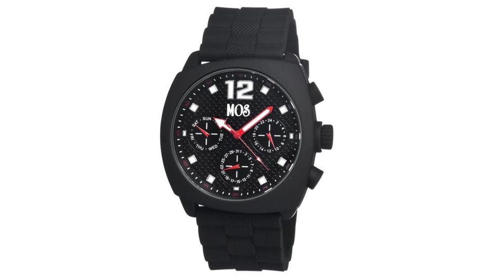 MOS Mens Berlin Strap Watch w/Day and Date Black Bezel, Black/Tonneau-shaped Case, Black/analog Dial, Red Hands MOSBN103