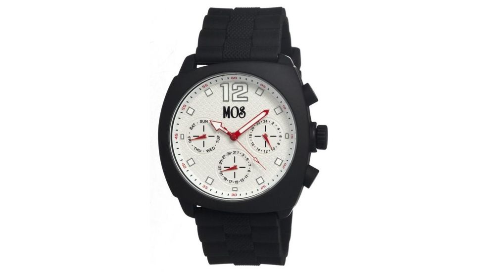 MOS Mens Berlin Strap Watch w/Day and Date Black Bezel, Black/Tonneau-shaped Case, White/analog Dial, Red Hands MOSBN101