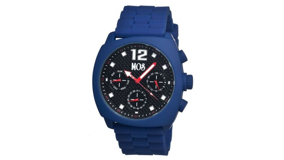 MOS Mens Berlin Strap Watch w/Day and Date Blue Bezel, Blue/Tonneau-shaped Case, Black/analog Dial, Red Hands MOSBN105