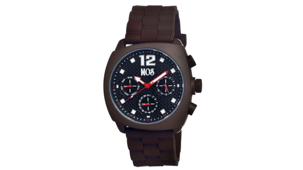 MOS Mens Berlin Strap Watch w/Day and Date Dark Brown Bezel, Dark Brown/Tonneau-shaped Case, Black/analog Dial, Purple Hands MOSBN104