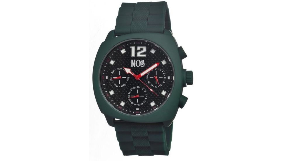 MOS Mens Berlin Strap Watch w/Day and Date Forest Green Bezel, Forest Green/Tonneau-shaped Case, Black/analog Dial, Red Hands MOSBN106