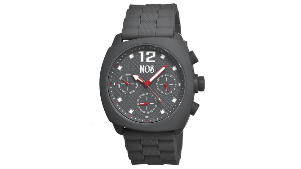 MOS Mens Berlin Strap Watch w/Day and Date Grey Bezel, Grey/Tonneau-shaped Case, Grey/analog Dial, Red Hands MOSBN102