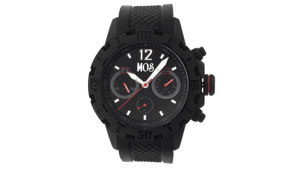 MOS Mens Casablanca Contour Silicone Strap Watch with Day and Date Sub-Dials Black Bezel, Black/Circle-shaped Case, Black/analog Dial, Silver Hands MOSCB105
