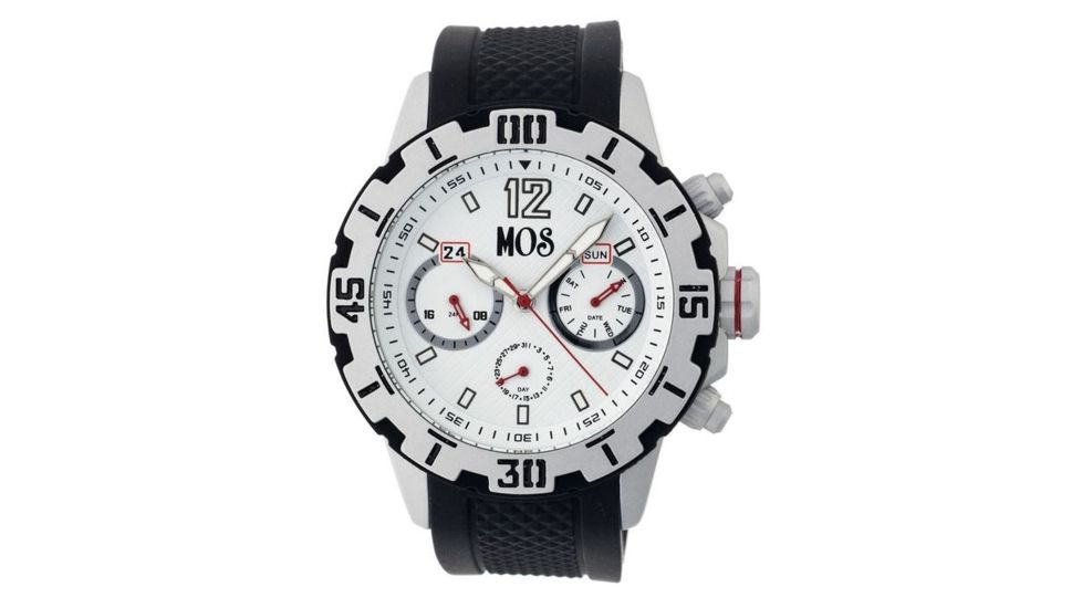 MOS Mens Casablanca Contour Silicone Strap Watch with Day and Date Sub-Dials Silver Bezel, Silver/Circle-shaped Case, White/analog Dial, Silver Hands MOSCB101