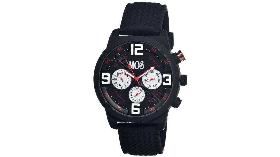 Mos Paris Mens Watch, Black Silicone Band, Black Bezel, Black Analog Dial, Red Hand MOSPR101