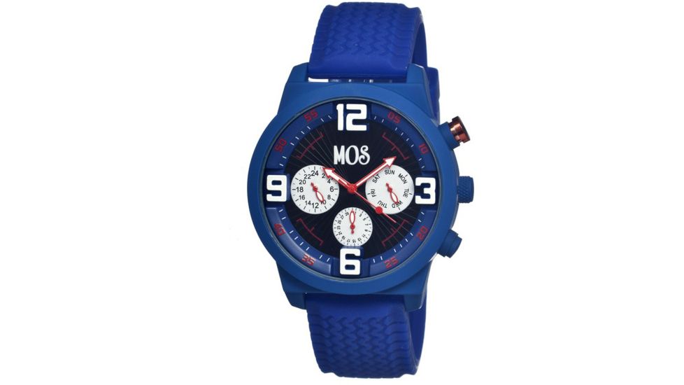 Mos Paris Mens Watch, Blue Silicone Band, Blue Bezel, Black Analog Dial, Red Hand MOSPR103