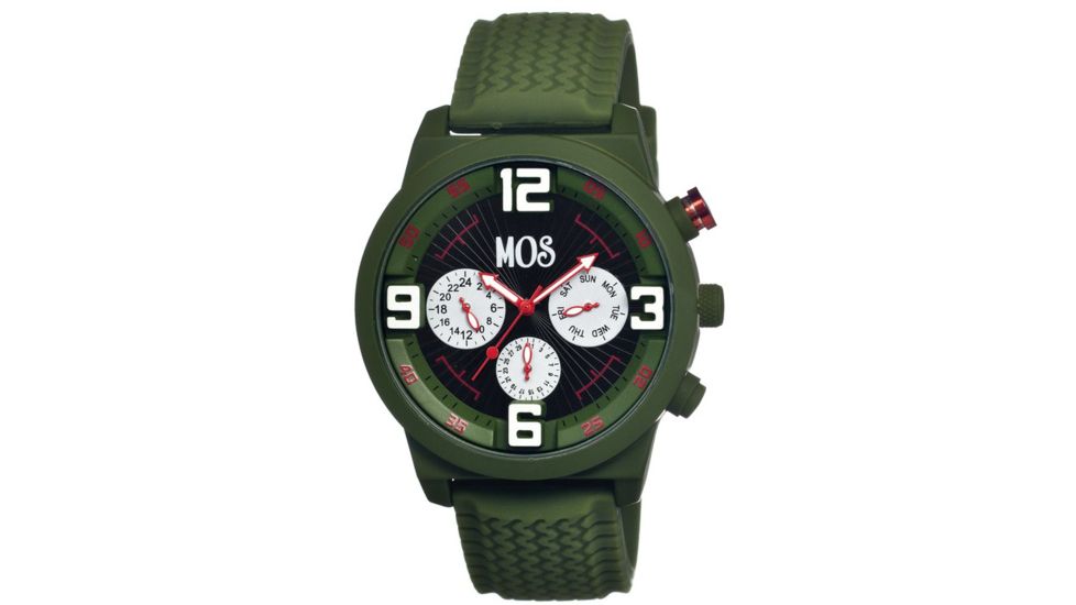 Mos Paris Mens Watch, Olive Silicone Band, Olive Bezel, Black Analog Dial, Red Hand MOSPR105