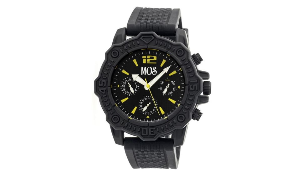 MOS Mens Prague Multi-Function Silicone Strap Watch Black Bezel, Black/Circle-shaped Case, Black/analog Dial, Silver Hands MOSPG102