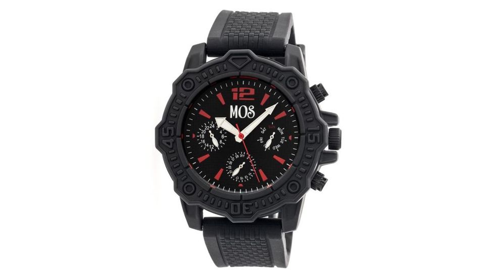 MOS Mens Prague Multi-Function Silicone Strap Watch Black Bezel, Black/Circle-shaped Case, Black/analog Dial, Silver Hands MOSPG104