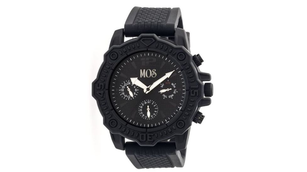 MOS Mens Prague Multi-Function Silicone Strap Watch Black Bezel, Black/Circle-shaped Case, Black/analog Dial, Silver Hands MOSPG106
