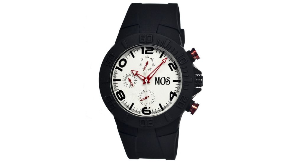 Mos Sydney Mens Watch, Black Silicone Band, Black Bezel, White Analog Dial, Red Hand MOSSD102