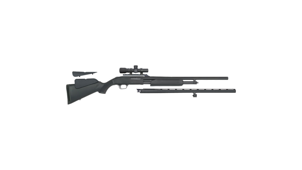 Mossberg 500 Combo 3in Field Pump Shotgun, 20 Gauge, 26in VR and 24in Rifled BBL, Synthetic Black Stock, W/ 2.5X20 Scope, Blued, 54047