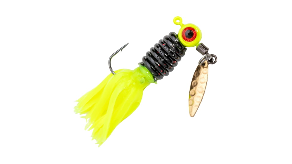 Strike King Mr. Crappie Sausage Head Spins Pre-Rigged Crappie Thunder Fishing Lure, Underspin Jig, 1/16oz, Number 2 Hook, Willow Leaf Blade, 2-Pack, Tuxedo Black Chartreuse, MRCSHSIPCT116-183
