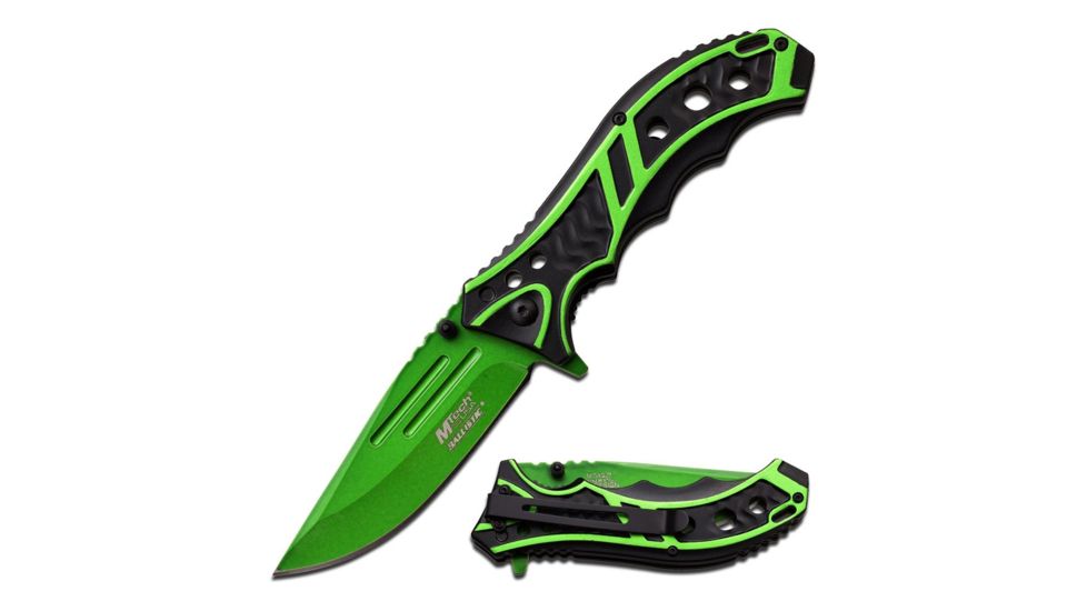 Mtech Folding Blade, 3.5in, Stainless Steel Blade, Aluminum Two Color Green And Black Anodized Handle MT-A907GN