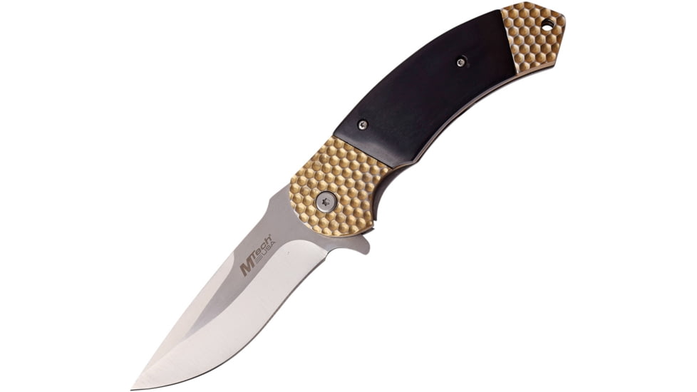 Mtech Framelock A/O Folding Knife, 4.75in Closed, 3.75in Satin SS Drop Point, Gold Titanium Coated And Black Pakkawood Front Handle With Satin Smooth SS Back Handle, MT-A967GB