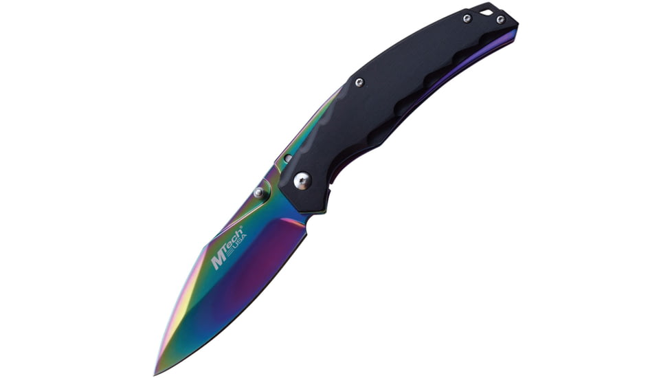 Mtech Framelock A/O Spectrum Folding Knife, 3.75 spectrum TiNi coated stainless blade, Black synthetic handle with spectrum stainless bac, MT-A1150RB