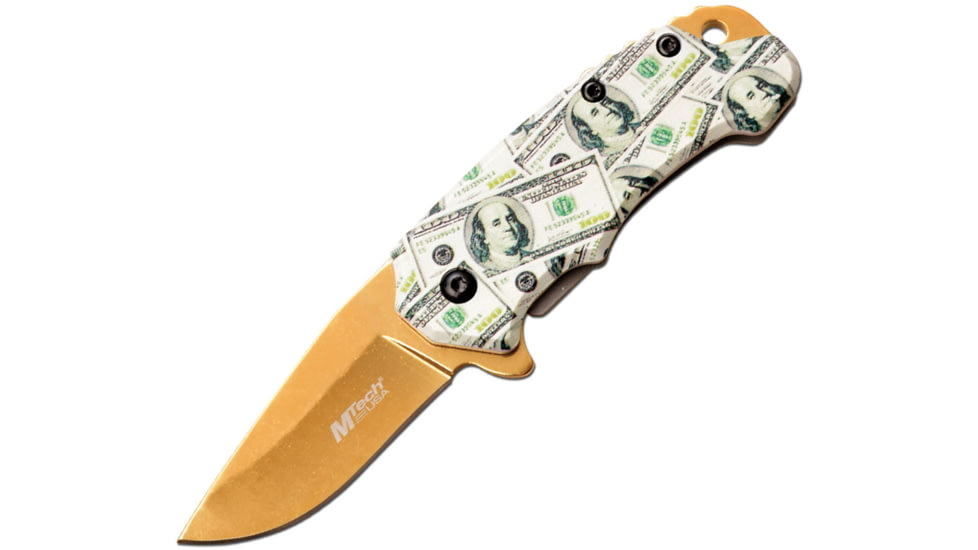 Mtech Money Framelock A/O Folding Knife, 2 gold TiNi coated 3Cr13 stainless blade, Aluminum handle, MT-A1191GD