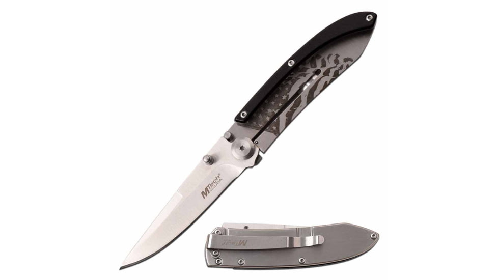 Mtech MT-1151AF Manual Folding Knife, 3.25in, 3CR13 Stainless Steel, Spear Point, Steel Blade, Aluminum Handle w/ Flag Etching, Black/Gray, MT-1151AF