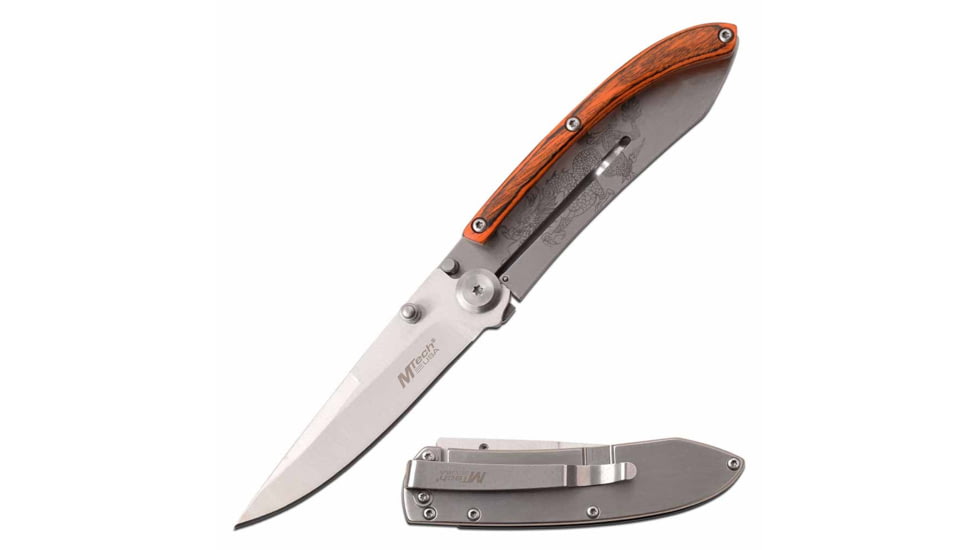 Mtech MT-1151PDR Manual Folding Knife, 3.25in, 3CR13 Stainless Steel, Spear Point, Steel Blade, Aluminum Handle w/ Dragon Etching, Orange/Gray, MT-1151PDR