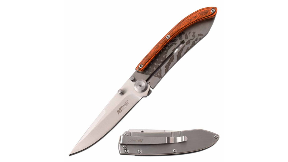 Mtech MT-1151PFL Manual Folding Knife, 3.25in, 3CR13 Stainless Steel, Spear Point, Steel Blade, Aluminum Handle w/ Flag Etching, Orange/Gray, MT-1151PF