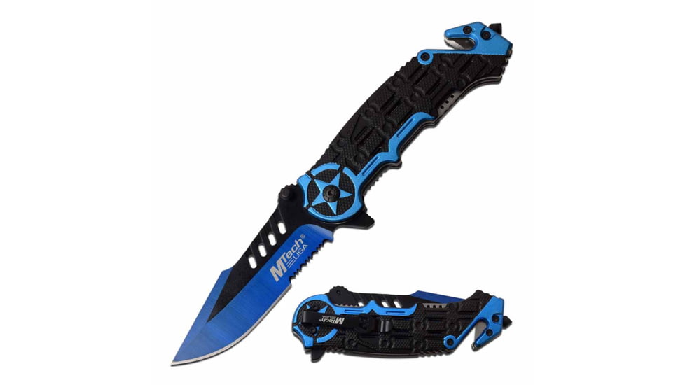 Mtech MT-A1008BL Spring Assisted Knife, 3.6in, 3CR13 Stainless Steel, Harpoon Point, Blue/Green Blade, Aluminum Handle, Blue/Black, MT-A1008BL