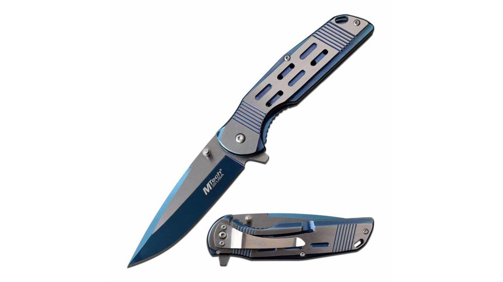 Mtech MT-A1019BL Spring Assisted Knife, 3.5in, 3CR13 Stainless Steel, Spear Point, Blue/Satin Blade, Stainless Steel Handle, Blue/Satin, MT-A1019BL