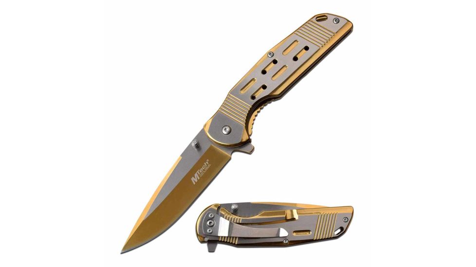 Mtech MT-A1019DG Spring Assisted Knife, 3.5in, 3CR13 Stainless Steel, Spear Point, Gold/Satin Blade, Stainless Steel Handle, Gold/Satin, MT-A1019GD