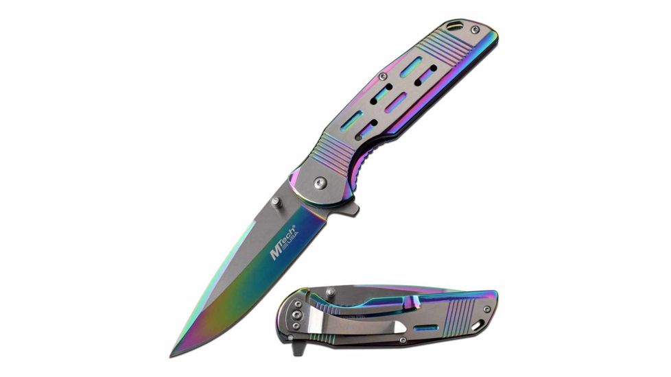 Mtech MT-A1019RB Spring Assisted Knife, 3.5in, 3CR13 Stainless Steel, Spear Point, Rainbow/Satin Blade, Stainless Steel Handle, Rainbow/Satin, MT-A1019RB