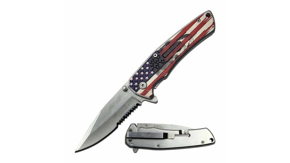 Mtech MT-A1027S Spring Assisted Knife, 3.25in, 3CR13 Stainless Steel, Spear Point, Half-Serrated, Steel Blade, Aluminum Handle, American Flag Design, Flag, MT-A1027S