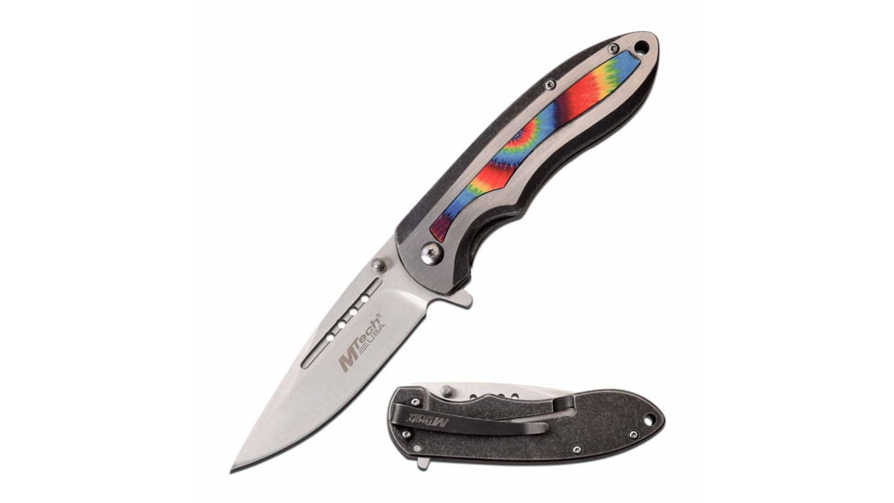 Mtech MT-A1033TD Spring Assisted Knife, 3.5in, 3CR13 Stainless Steel, Spear Point, Steel Blade, Stainless Steel Handle, Multicolored Design, Steel, MT-A1033TD