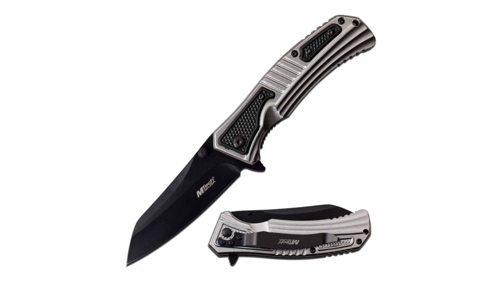Mtech MT-A1039GY Spring Assisted Knife, 3.5in, 3CR13 Stainless Steel, Sheepsfoot Point, Black Blade, Aluminum Handle, Gray/Black, MT-A1039GY