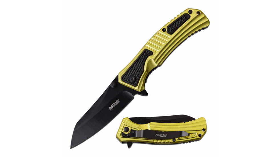 Mtech MT-A1039YL Spring Assisted Knife, 3.5in, 3CR13 Stainless Steel, Sheepsfoot Point, Black Blade, Aluminum Handle, Yellow/Black, MT-A1039YL