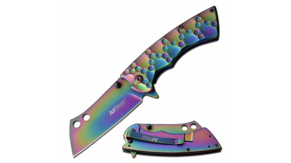 Mtech MT-A1053RB Spring Assisted Knife, 3.25in, 3CR13 Stainless Steel, Sheepsfoot, Rainbow Blade, Stainless Steel Handle, Rainbow, MT-A1053RB