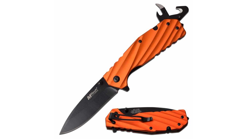 Mtech MT-A1056OR Spring Assisted Knife, 3.5in, 3CR13 Stainless Steel, Drop Point, Black Blade, Aluminum Handle, Orange, MT-A1056OR