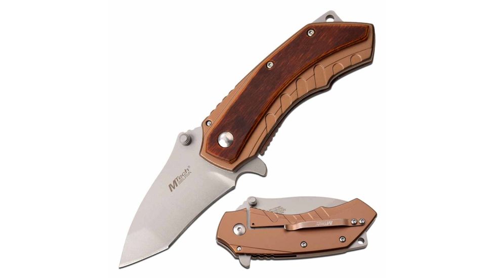 Mtech MT-A1074BR Spring Assisted Knife, 3.5in, 3CR13 Stainless Steel, Tanto, Steel Blade, Stainless Steel/Pakkawood Handle, Brown/Bronze, MT-A1074BR