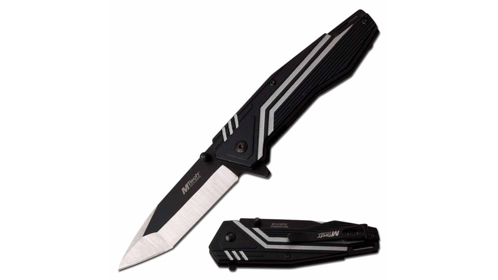 Mtech MT-A1087GY Spring Assisted Knife, 3.25in, 3CR13 Stainless Steel, Modified Tanto, Steel/Black Blade, Aluminum Handle, Black/Gray, MT-A1087GY