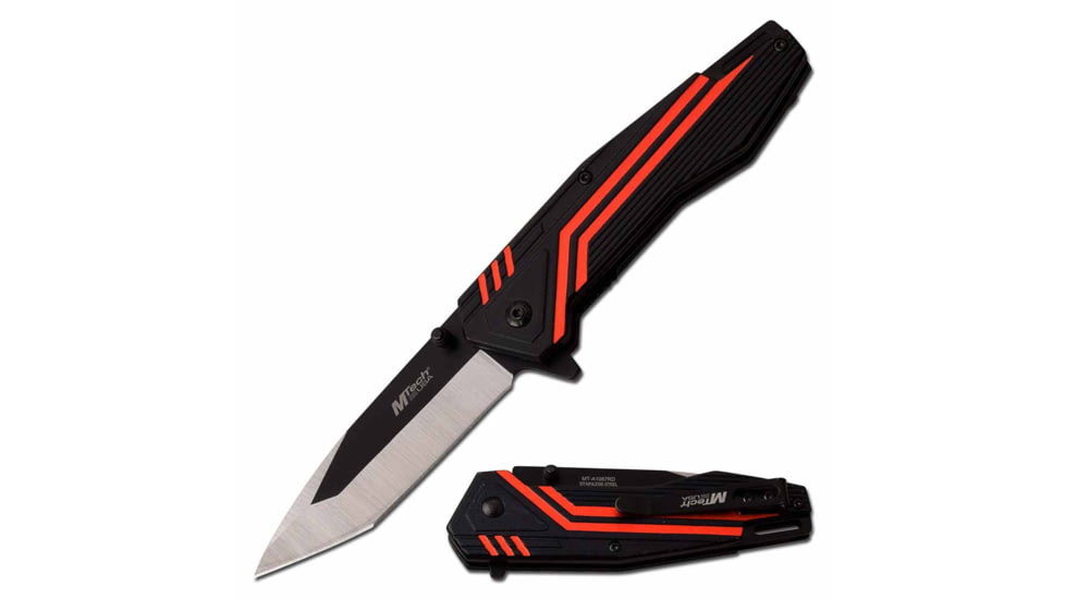 Mtech MT-A1087RD Spring Assisted Knife, 3.25in, 3CR13 Stainless Steel, Modified Tanto, Steel/Black Blade, Aluminum Handle, Black/Red, MT-A1087RD