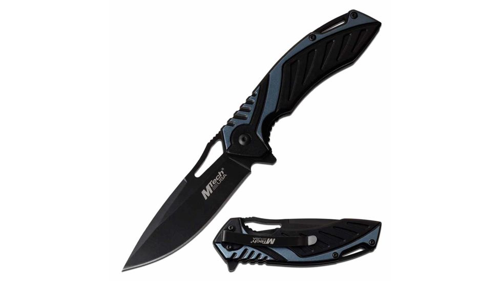 Mtech MT-A1092BL Spring Assisted Knife, 3.6in, 3CR13 Stainless Steel, Spear Point, Black Blade, Aluminum Handle, Blue/Black, MT-A1092BL