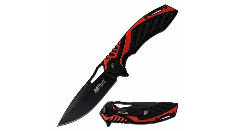 Mtech MT-A1092RD Spring Assisted Knife, 3.6in, 3CR13 Stainless Steel, Spear Point, Black Blade, Aluminum Handle, Red/Black, MT-A1092RD