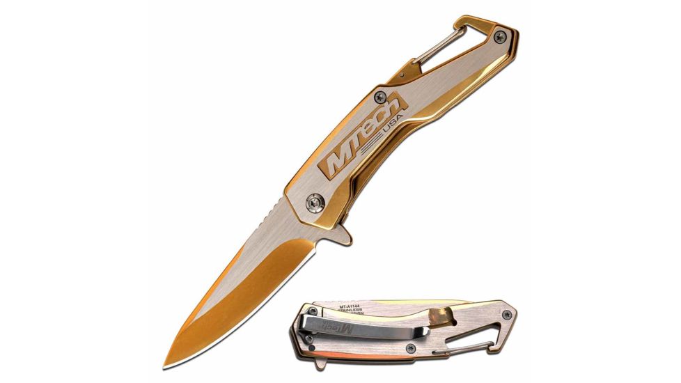Mtech MT-A1144GD Spring Assisted Knife, 2.75in, 3CR13 Stainless Steel, Spear Point, Golden/Steel Blade, Stainless Steel Handle, Gold/Steel, MT-A1144GD