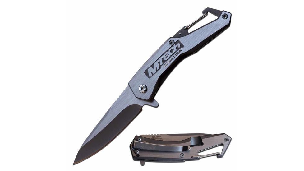 Mtech MT-A1144GY Spring Assisted Knife, 2.75in, 3CR13 Stainless Steel, Spear Point, Gray/Steel Blade, Stainless Steel Handle, Black/Steel, MT-A1144GY