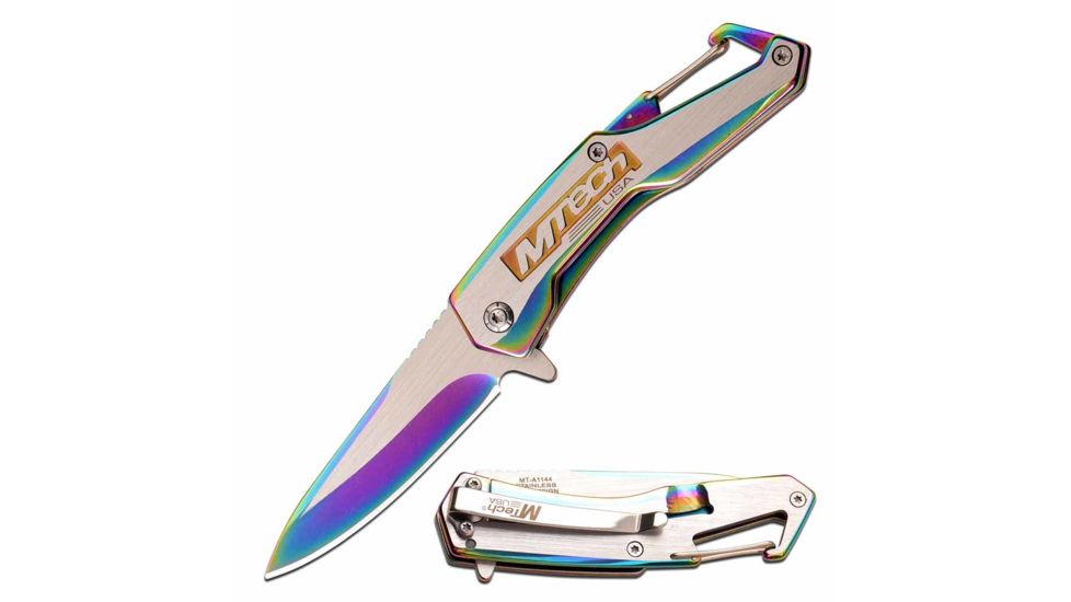 Mtech MT-A1144RB Spring Assisted Knife, 2.75in, 3CR13 Stainless Steel, Spear Point, Rainbow/Steel Blade, Stainless Steel Handle, Rainbow/Steel, MT-A1144RB